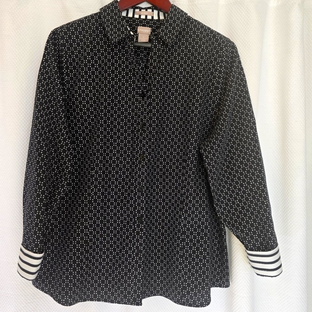 Chico's Size 2 No-Iron Top, Black w/ White Dots